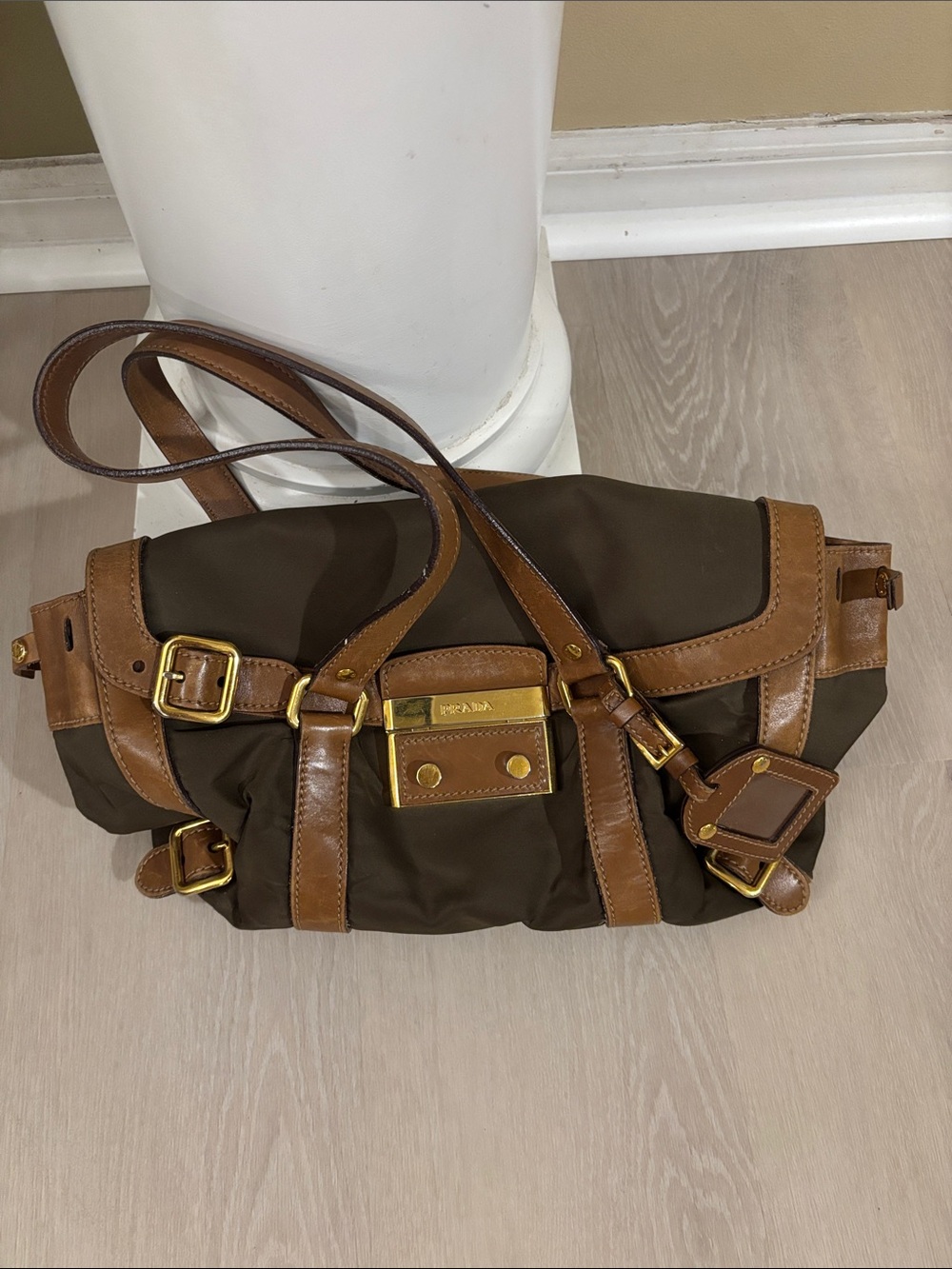 Prada Tessuto Nylon & Leather Shoulder Bag with Gold Hardware